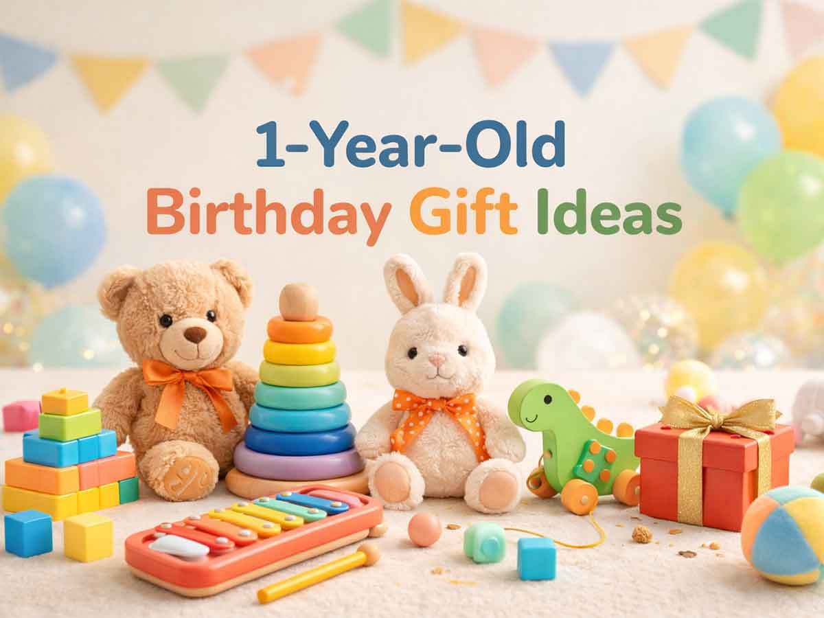 Cute 1-year-old birthday gift scene with toys, teddy bear, bunny plush, blocks, balloons, and “1-Year-Old Birthday Gift Ideas” text.