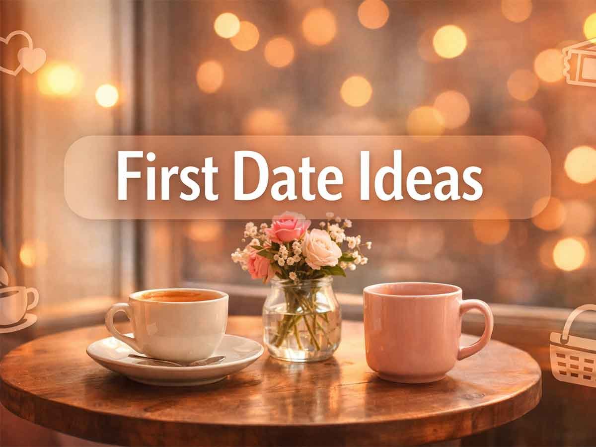 Cozy cafe table with two coffee cups, small flower vase, warm bokeh lights, and the text “First Date Ideas.”