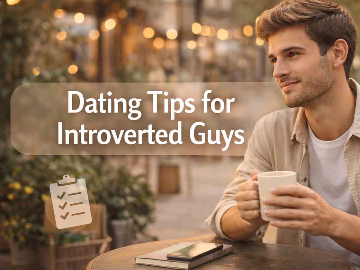 Man sitting at an outdoor cafe holding a coffee mug, with the text “Dating Tips for Introverted Guys” and a small checklist icon.