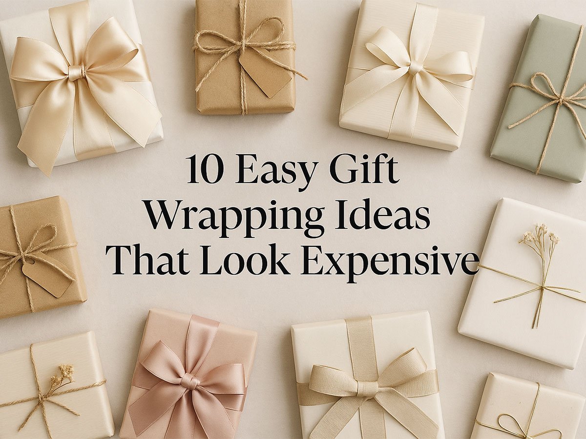 Elegant gift boxes wrapped in neutral paper with ribbons and bows, arranged flat to showcase stylish and expensive-looking gift wrapping ideas.