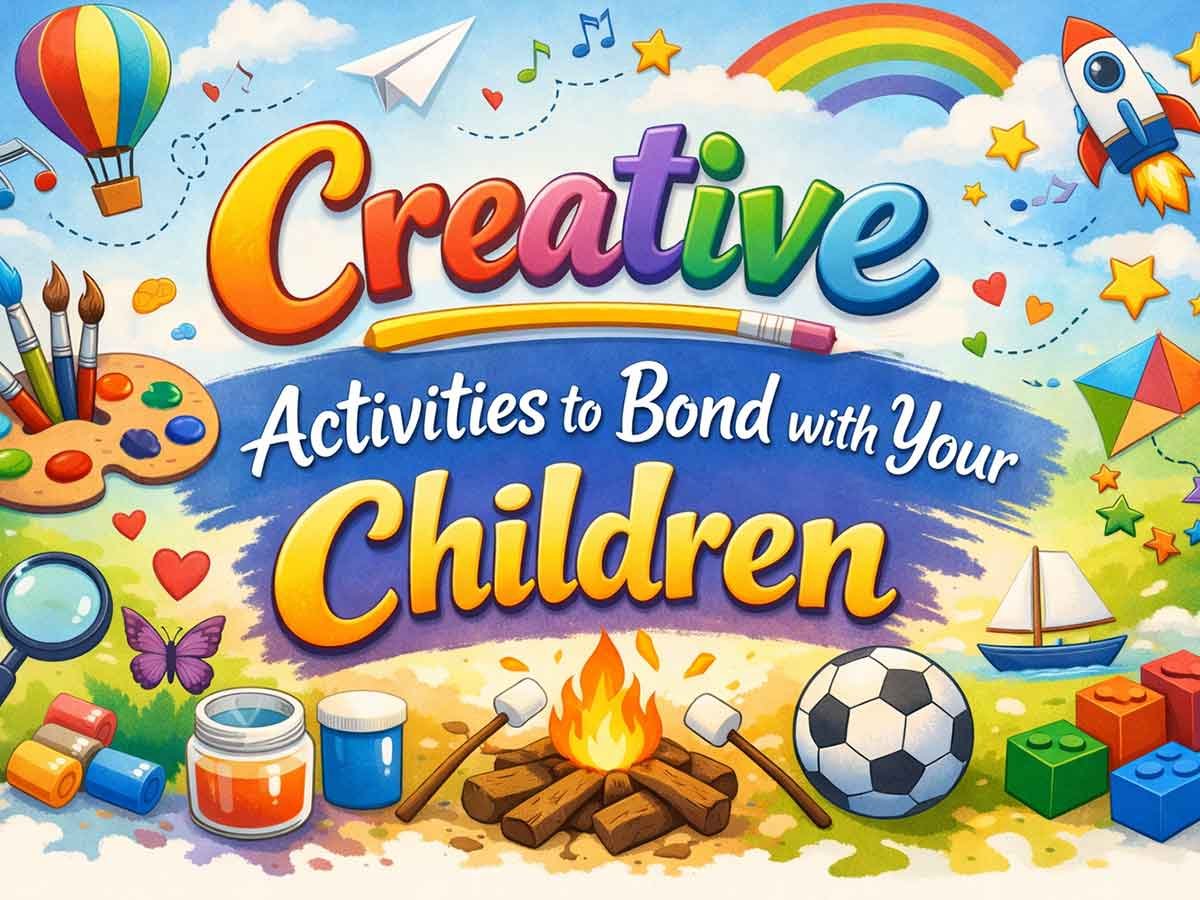 "Colorful illustration with the text 'Creative Activities to Bond with Your Children' surrounded by playful icons like paints, a soccer ball, a campfire, and building blocks."