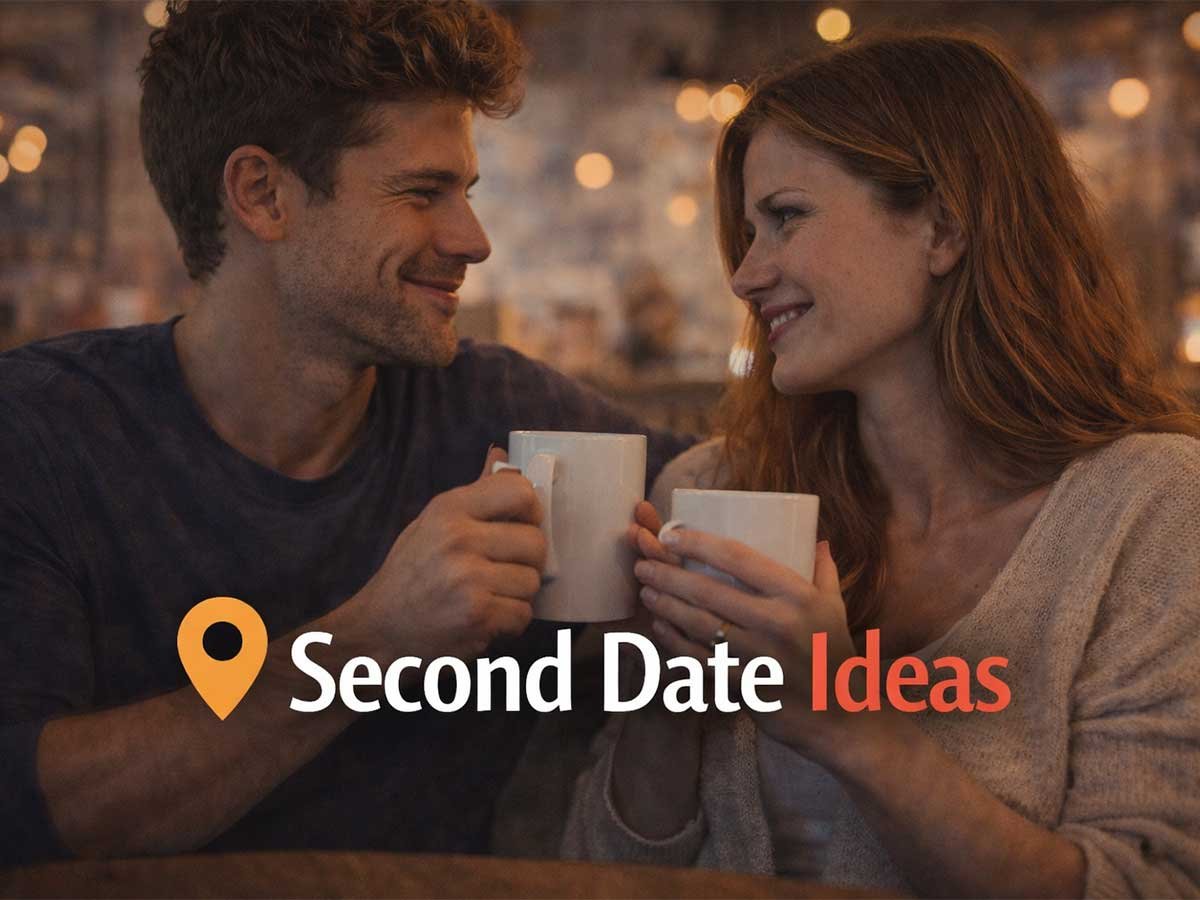 Couple smiling at each other while holding coffee mugs, with text that says “Second Date Ideas.”