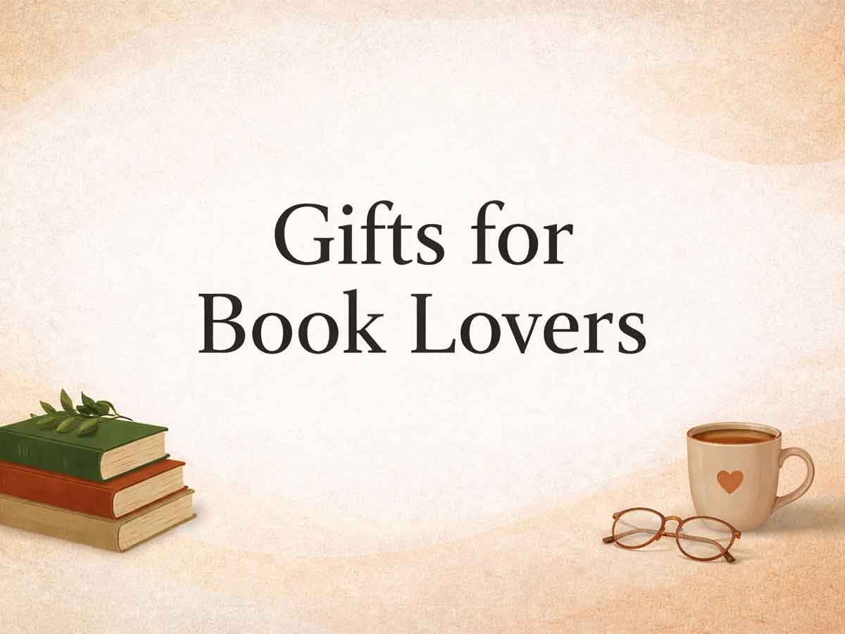 Cozy illustration with the words “Gifts for Book Lovers,” plus a stack of books and a coffee cup with glasses.