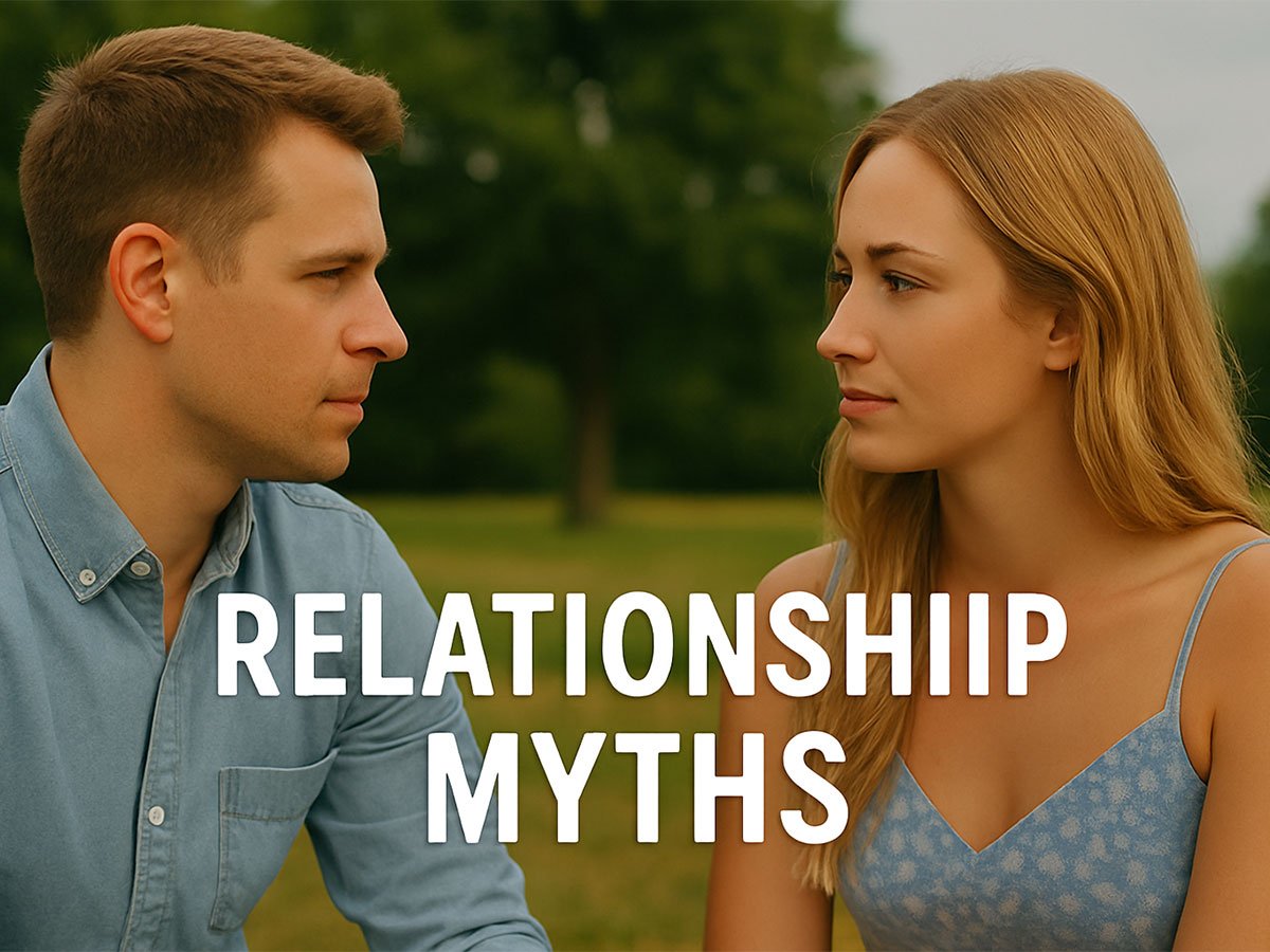 A couple sitting outdoors facing each other with serious expressions, symbolizing common relationship misunderstandings and emotional conversations.