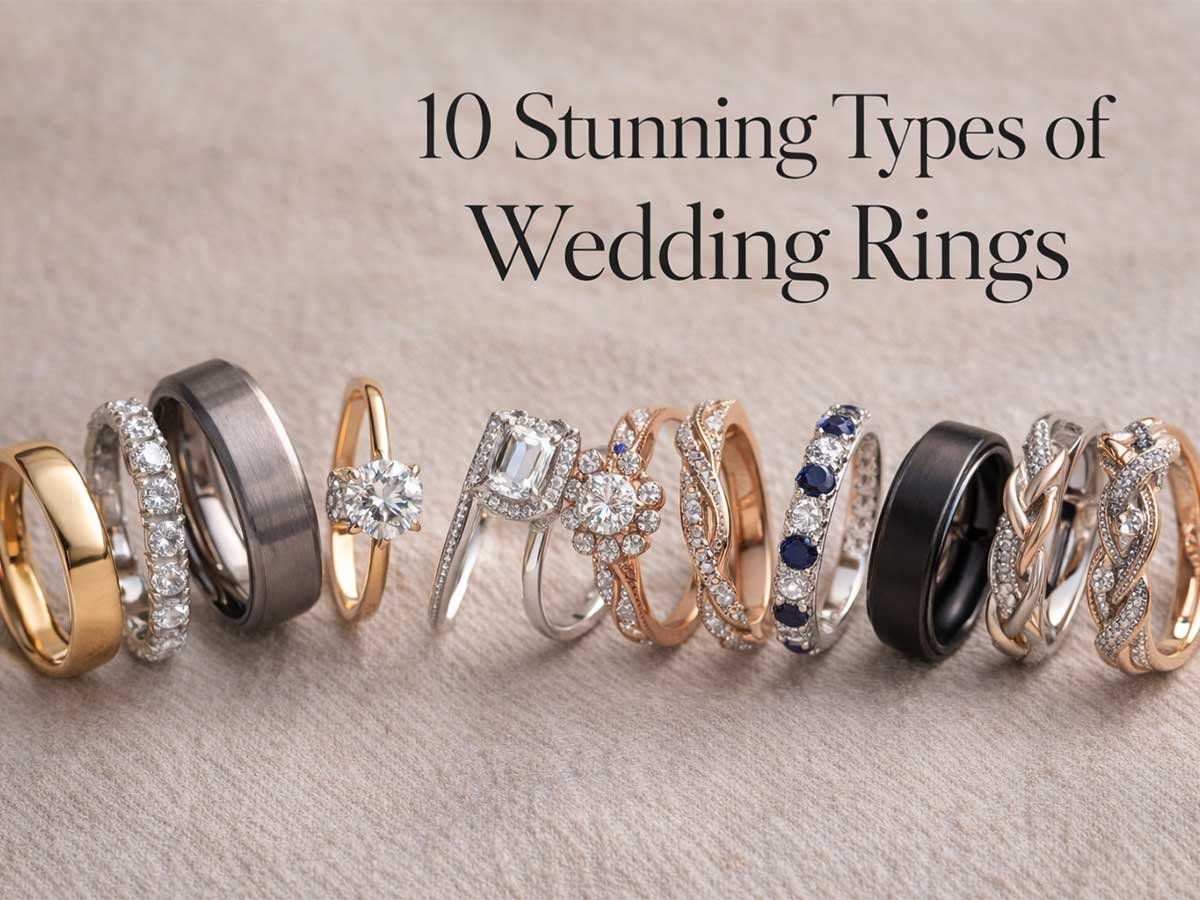 Different styles of wedding rings displayed in a row, showing classic, modern, and diamond ring designs.