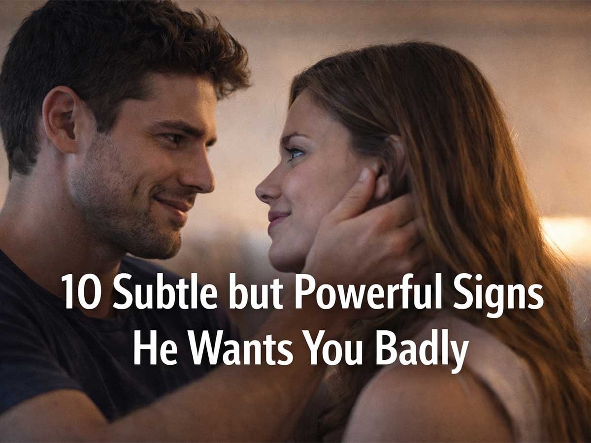 A man and woman share an intimate moment, smiling and making eye contact, with text about subtle signs he wants her.