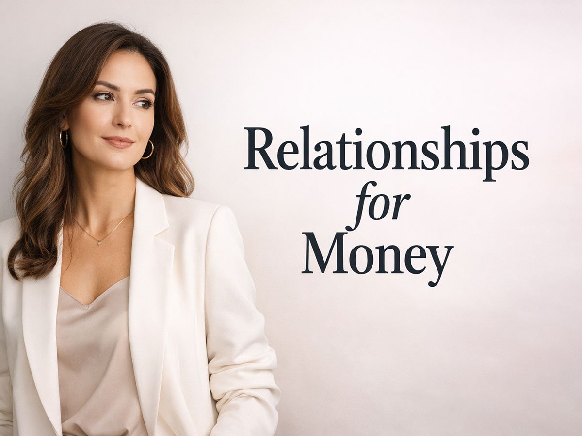 Woman in a white blazer looking to the side with the text “Relationships for Money” on a light background.
