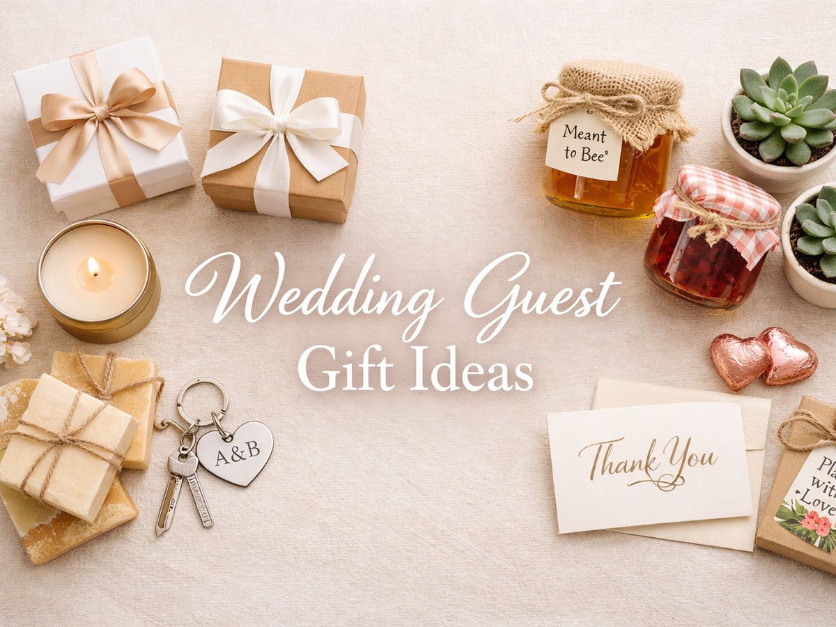 Wedding guest gift ideas arranged on a soft beige background, including wrapped favor boxes, a candle, honey and jam jars, succulents, keychains, chocolates, and thank-you cards.