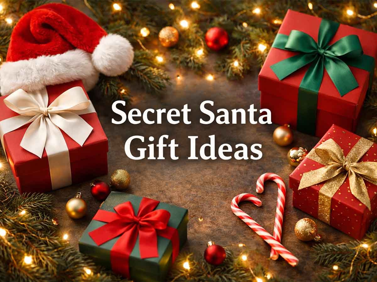 Christmas-themed scene with wrapped gift boxes, a Santa hat, candy canes, lights, and text saying “Secret Santa Gift Ideas.”