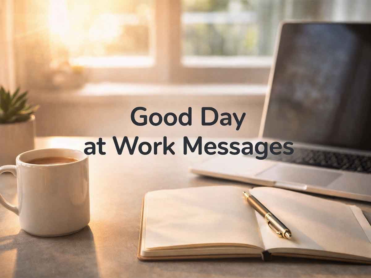 Sunlit desk with a coffee mug, open notebook and pen, laptop, and text reading “Good Day at Work Messages.”