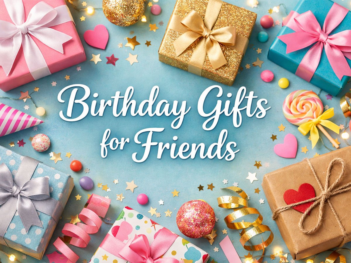 "Colorful birthday gifts, including wrapped presents, ribbons, and decorations like confetti and lollipops, with the text 'Birthday Gifts for Friends' in a playful font."