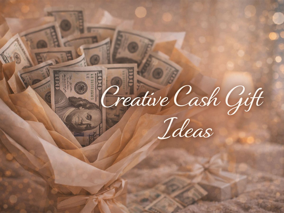 Creative cash gift ideas displayed as a money bouquet made of dollar bills wrapped in paper with a warm, festive background.