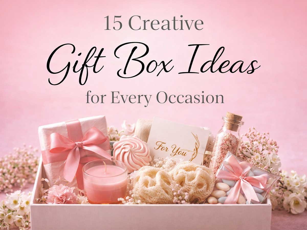 Gift box filled with self-care items like candles, soap, ribbons, and treats, with text “Gift Box Ideas for Every Occasion.”