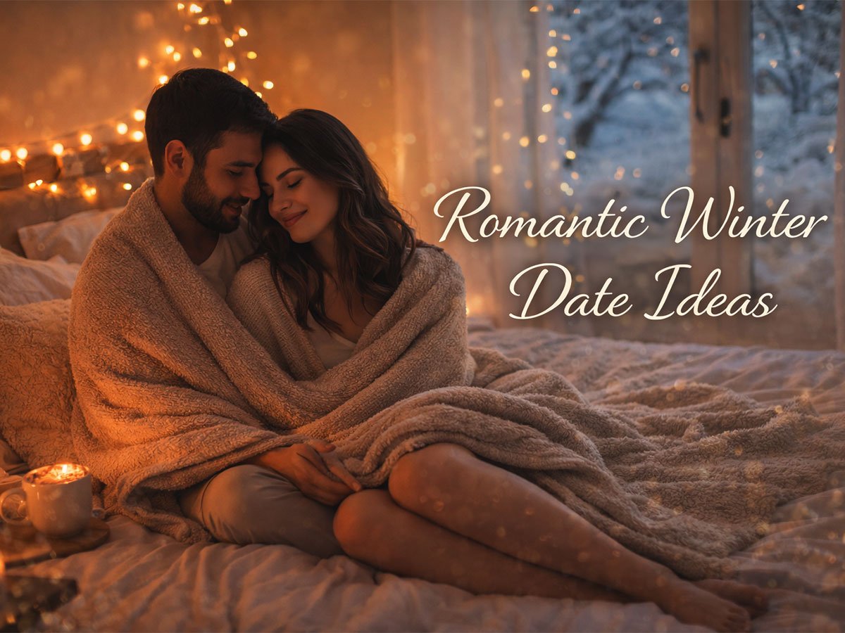 Couple cuddling under a warm blanket with soft lights and candles, featuring the text “Romantic Winter Date Ideas” in a cozy indoor setting.