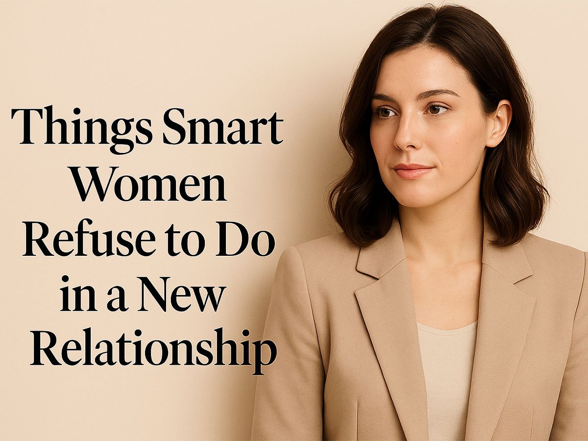 Confident woman in a beige blazer standing against a neutral background with text about smart women and relationships.