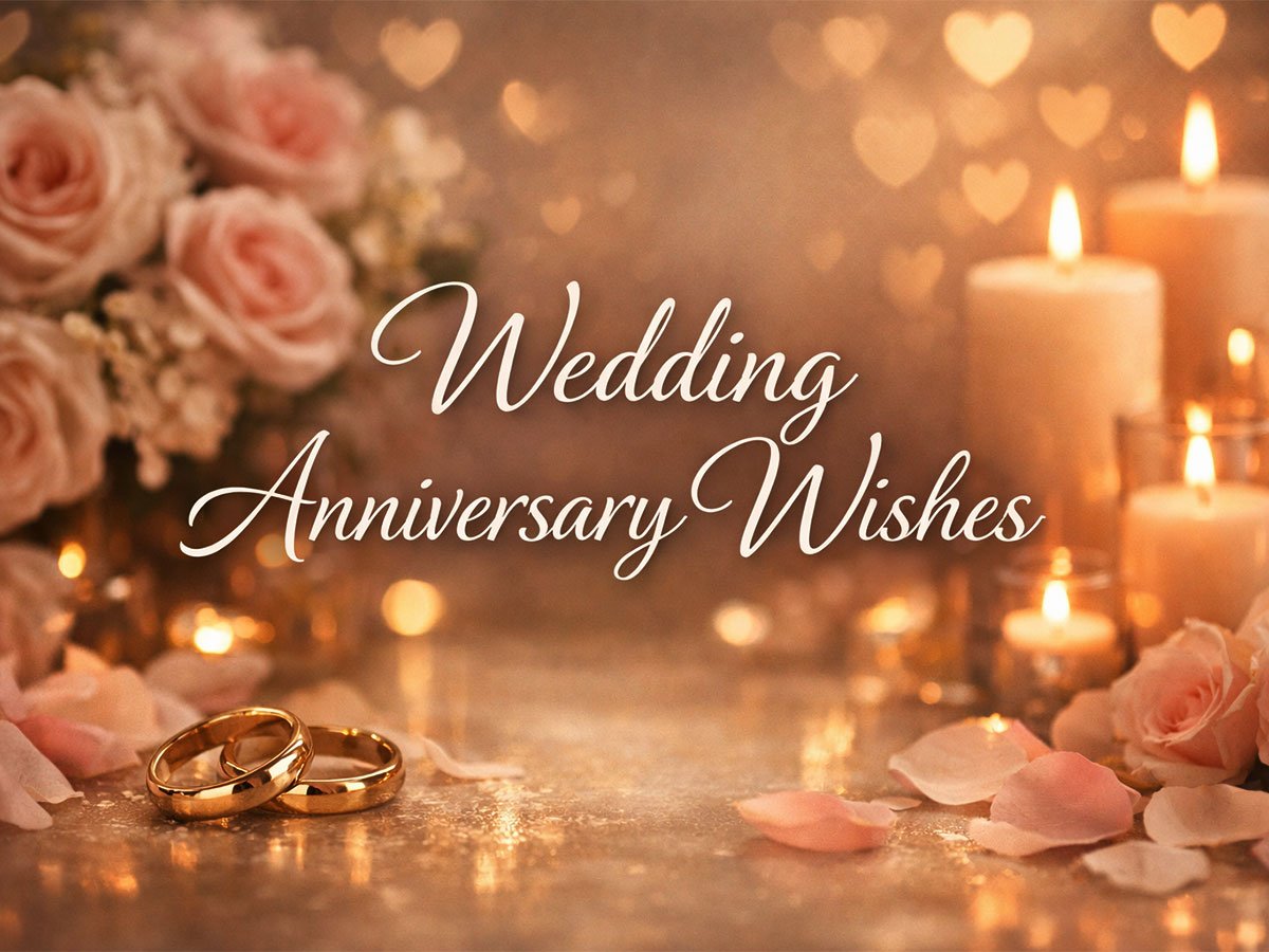 Wedding anniversary wishes text with glowing candles, roses, petals, and gold wedding rings on a romantic background.