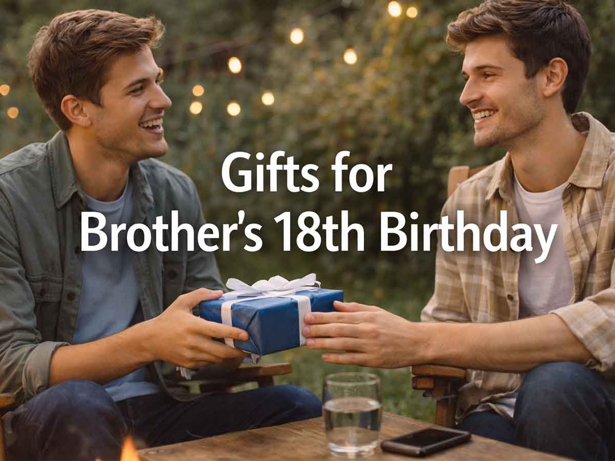 Two young men smiling and exchanging a wrapped gift outdoors, with text “Gifts for Brother’s 18th Birthday.”