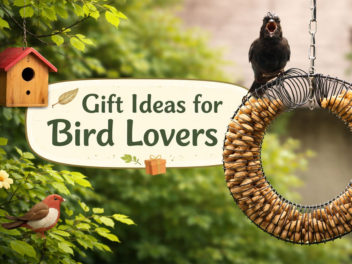 Gift Ideas for Bird Lovers” sign with a birdhouse, leafy background, and a bird sitting on a hanging seed ring.