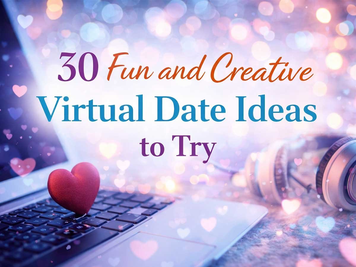 Text reading “30 Fun and Creative Virtual Date Ideas to Try” with a laptop, headphones, heart, and glowing background.