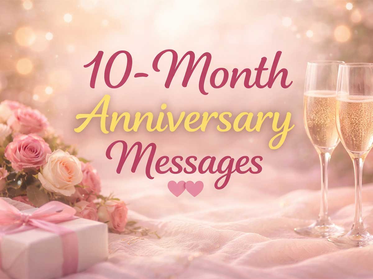 The image features the text "10-Month Anniversary Messages" with a soft, romantic background of roses, champagne glasses, and a gift box.
