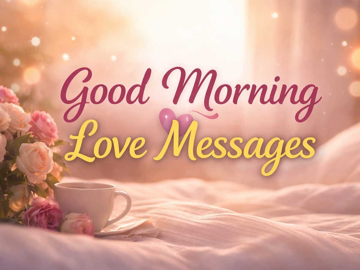The image shows the text "Good Morning Love Messages" in elegant fonts, with a soft background of roses, a coffee cup, and a warm, glowing atmosphere.