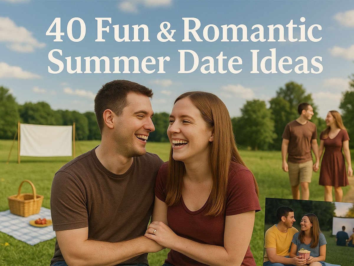 Couple laughing together outdoors with a picnic setup, outdoor movie screen, and summer scenery, representing fun and romantic summer date ideas.