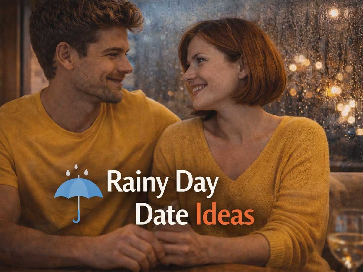 Couple smiling at each other by a rainy window, with text that says “Rainy Day Date Ideasand an umbrella icon.