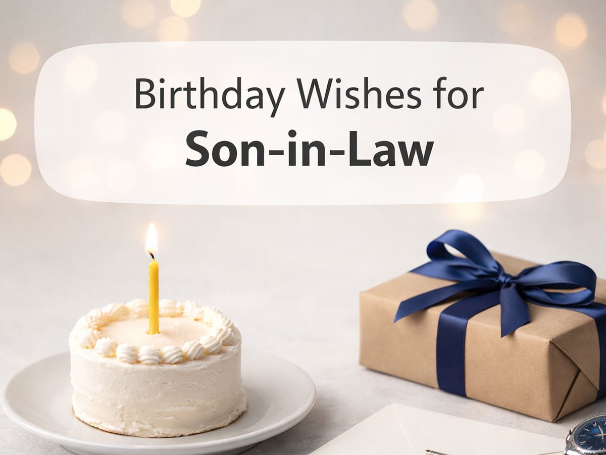 Birthday wishes for son-in-law text over a minimal birthday scene with a small cake, wrapped gift, and soft bokeh lights.