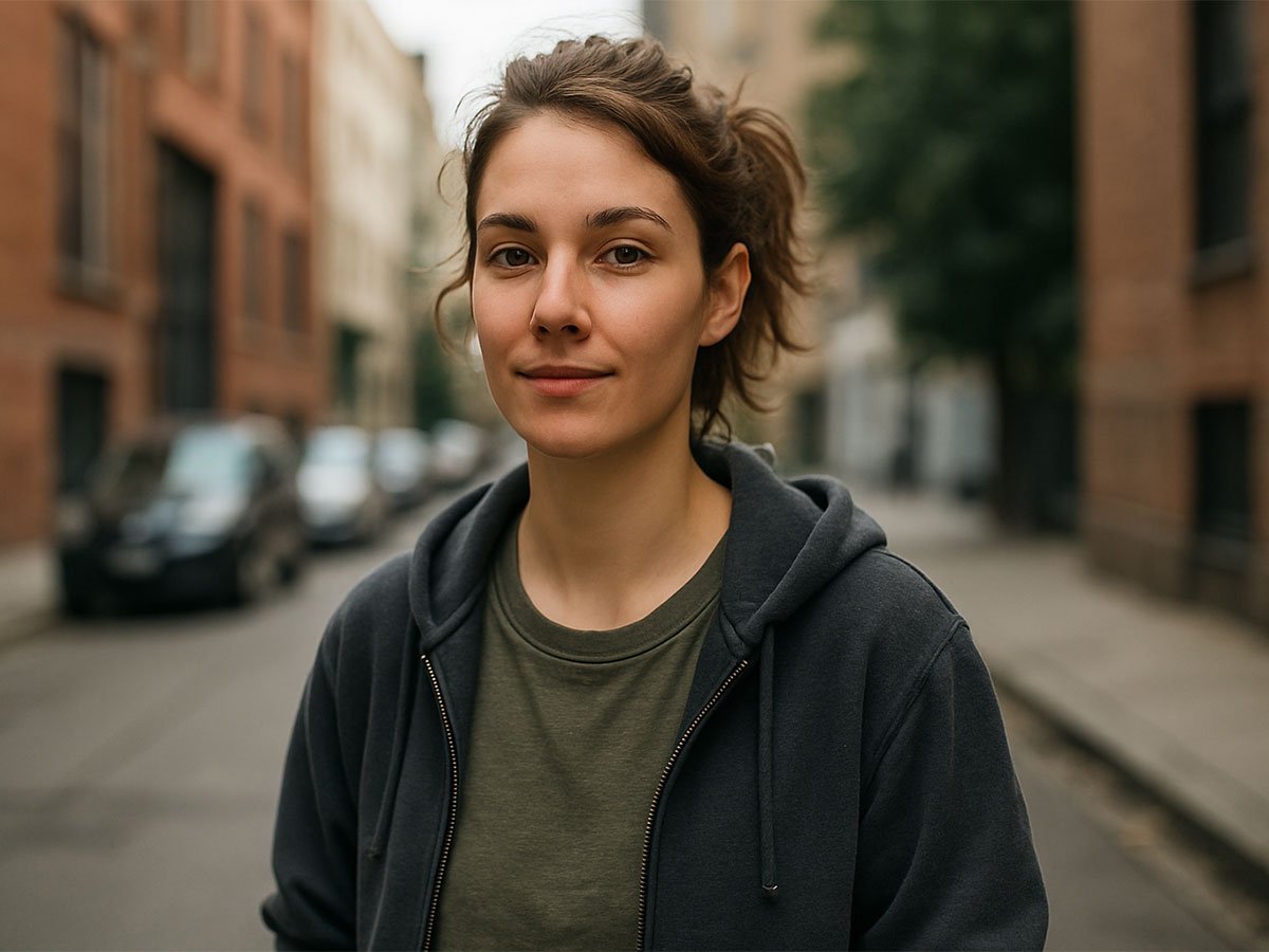 A casual young woman with a short messy hairstyle wearing a hoodie stands confidently on a quiet city street.