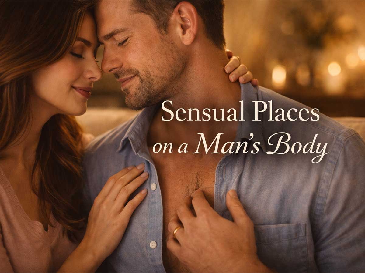 A couple sharing a close, affectionate moment, with the woman gently touching the man’s chest in a warm, romantic setting.