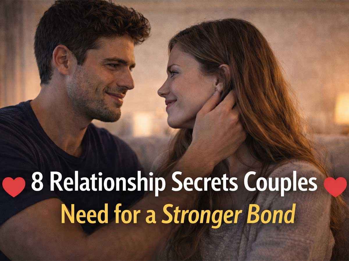 A couple sits close together, smiling and making eye contact, with text about relationship secrets for building a stronger bond.