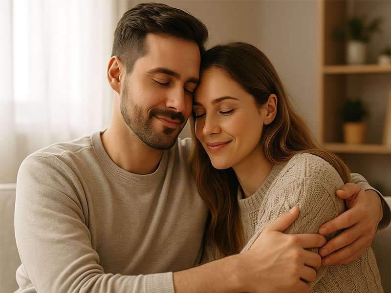 Couple sitting close together indoors, sharing a calm and affectionate embrace that reflects emotional safety and long-term connection.