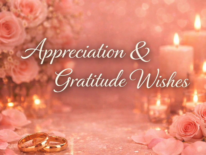 Appreciation and gratitude wishes text with soft pink roses, glowing candles, and wedding rings on a warm, romantic background.