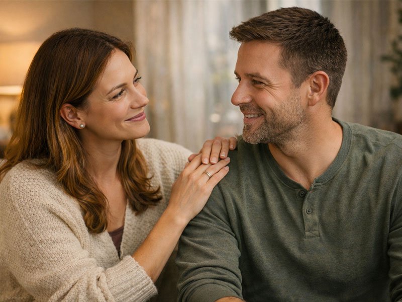 A woman gently resting her hand on a man’s shoulder as they smile at each other, showing emotional safety and appreciation.