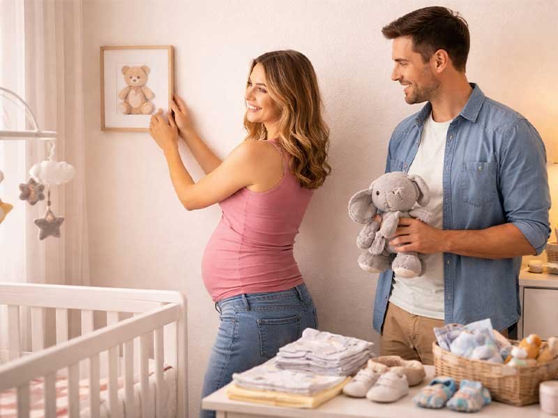 A couple preparing the nursery, with the woman hanging a framed picture while the man holds a stuffed toy, smiling at each other.