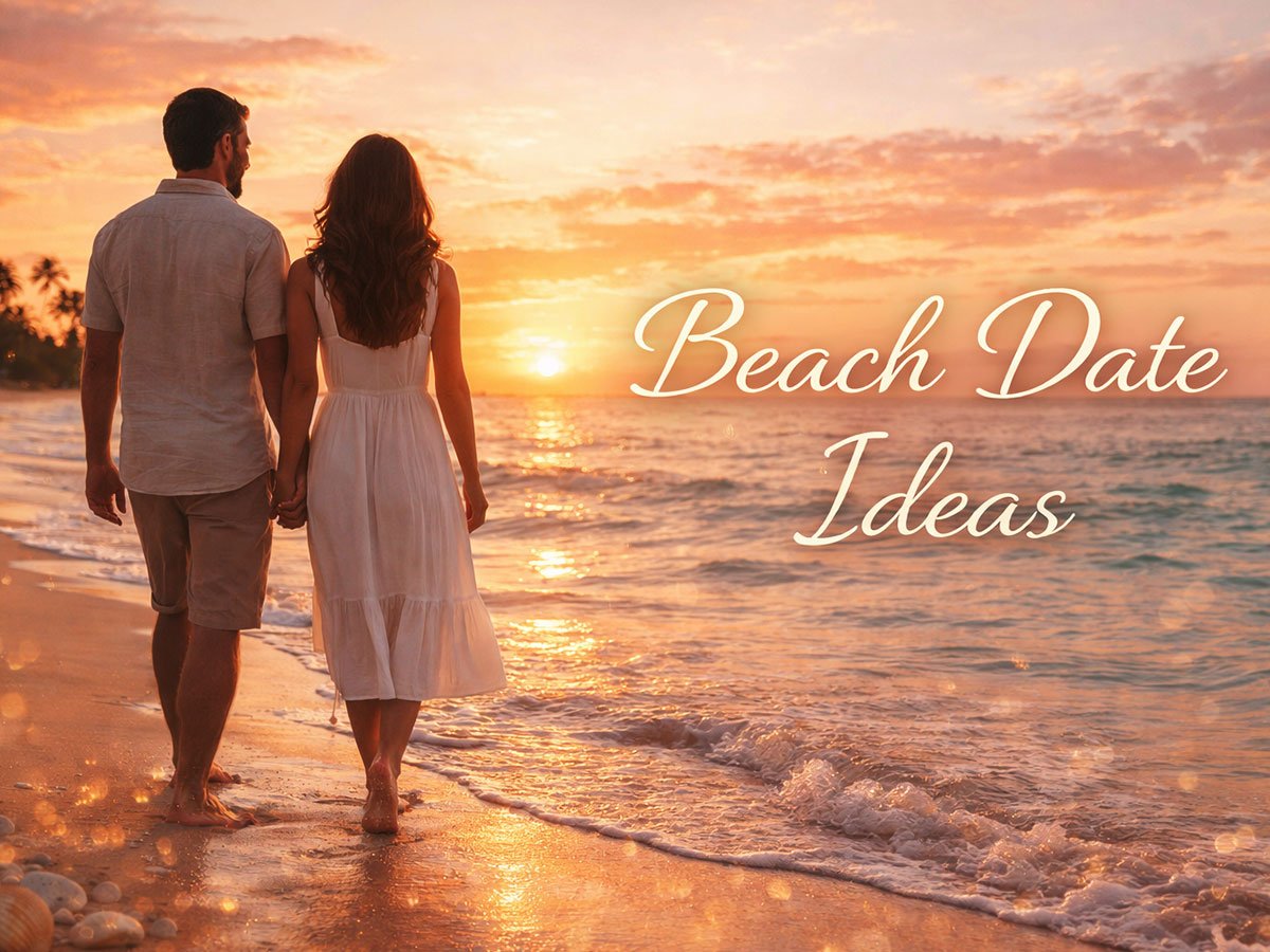 Couple walking hand in hand along the beach at sunset with the text “Beach Date Ideas” over a romantic seaside scene.