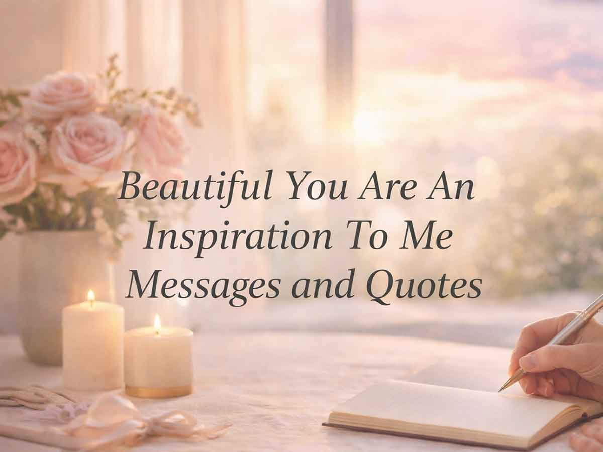 Soft sunrise scene with roses, candles, a hand writing in a notebook, and text about “You Are An Inspiration To Me” messages.