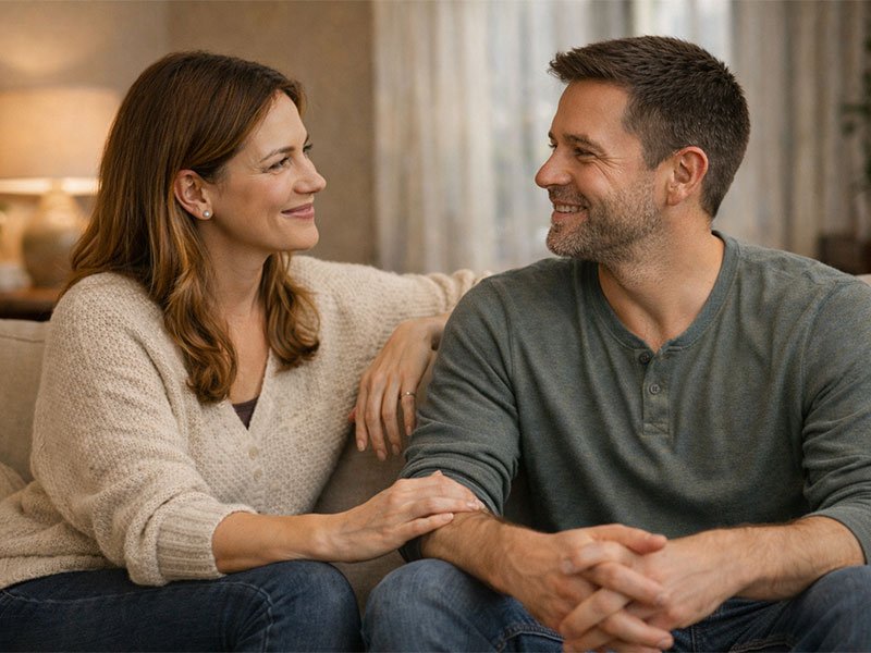 A couple sitting close together on a sofa, smiling at each other and sharing a calm, trusting moment.