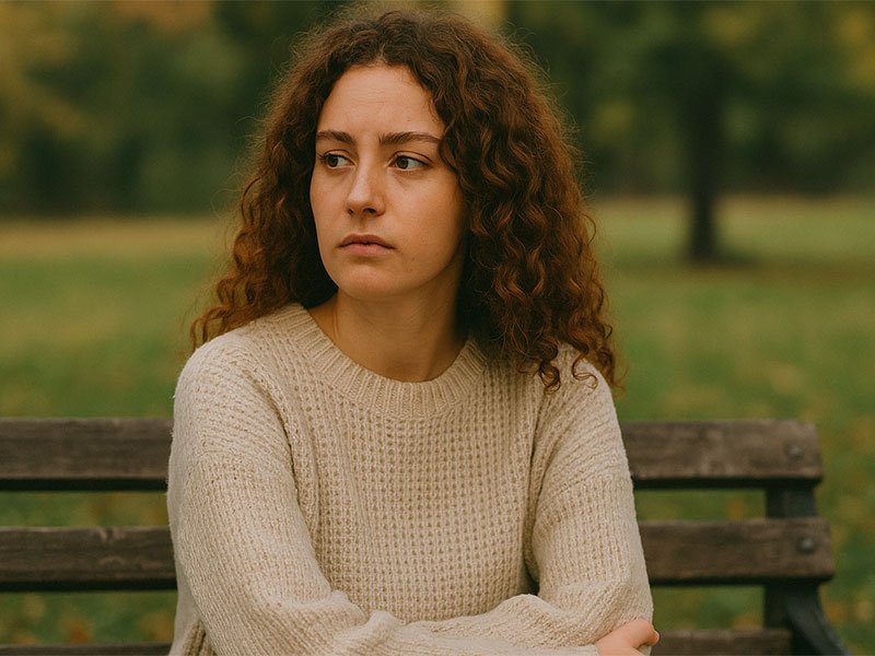 Woman sitting alone on a park bench, looking thoughtful and calm, representing self-reflection and confidence in being single.