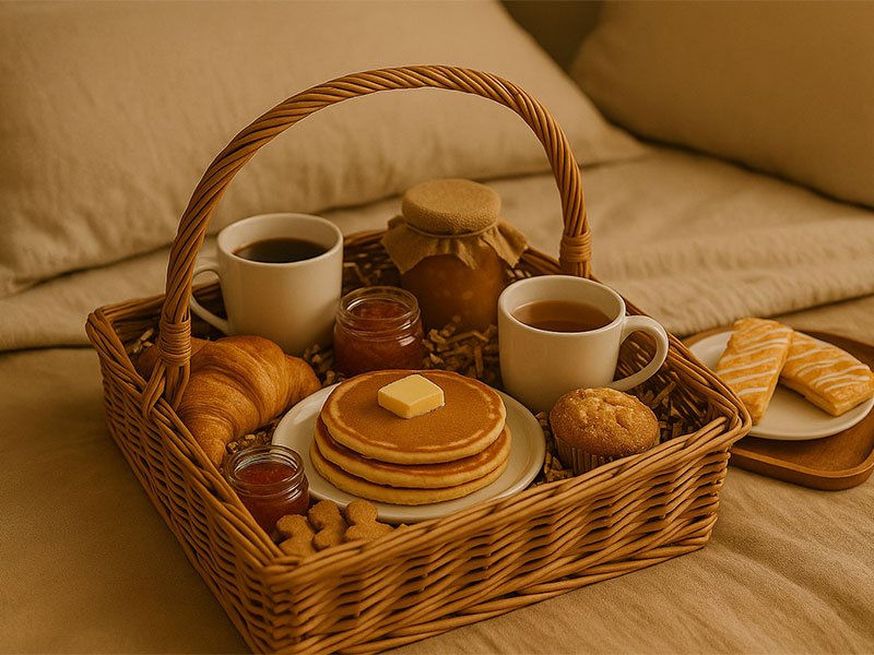 Wicker breakfast-in-bed basket with pancakes, croissants, coffee, tea, jam, and pastries placed on a cozy bed for a relaxed morning.