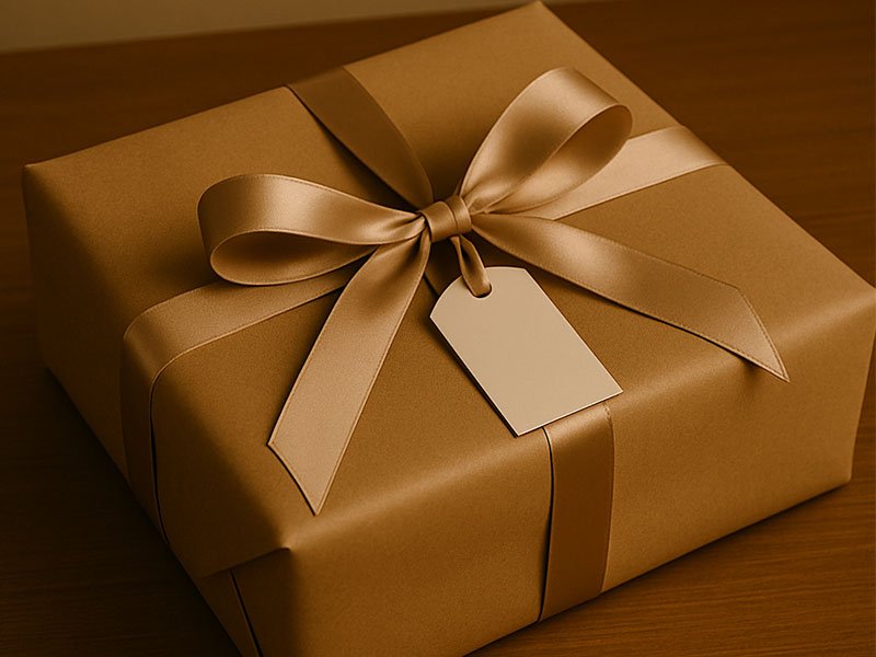 Brown paper–wrapped gift box decorated with a smooth satin ribbon bow and a simple blank gift tag on top.