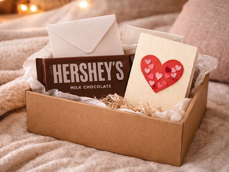 Budget Valentine hamper with a chocolate bar, handwritten note, and small handmade heart card in a simple gift box.