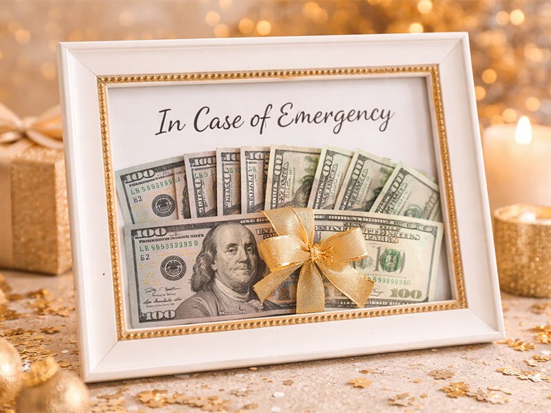 Framed cash gift with dollar bills tied with a gold ribbon and a sign reading “In Case of Emergency.”