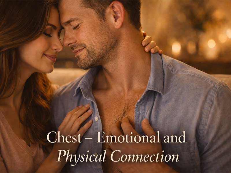 A couple sharing a close, affectionate moment, with the woman gently touching the man’s chest, symbolizing emotional and physical connection.