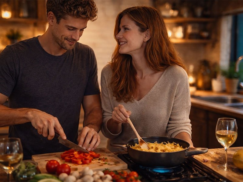 Couple cooking together in a cozy kitchen, smiling while preparing food, with wine glasses on the counter.
