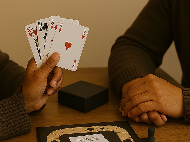 Couple sitting at a table playing a card game together, holding playing cards and enjoying a relaxed, cozy game night at home.