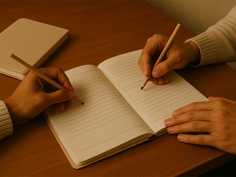 Couple writing together in a shared journal at a table, reflecting and connecting through a relationship workbook activity.