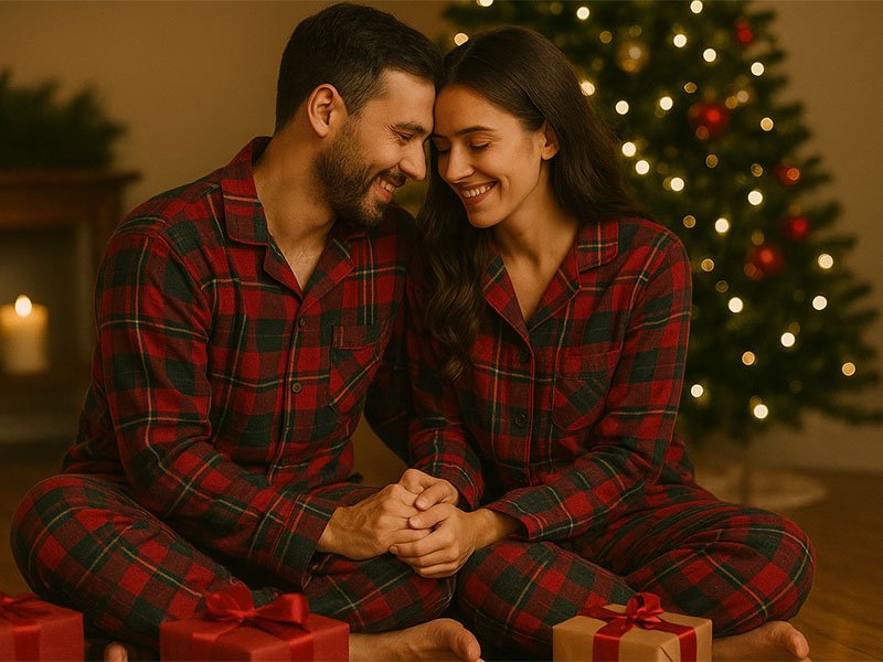 Couple in matching red plaid pajamas holding hands, sitting together with Christmas gifts and a decorated tree in the background.