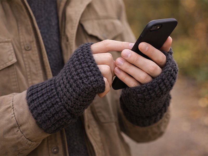 Man using a smartphone while wearing dark gray crochet fingerless gloves outdoors.