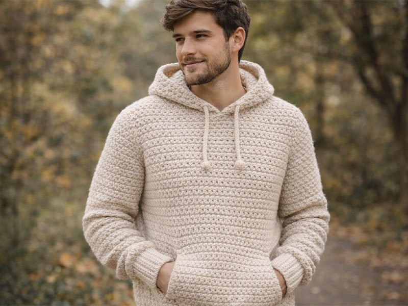 Man wearing a beige crochet hoodie outdoors, styled casually in a natural setting.